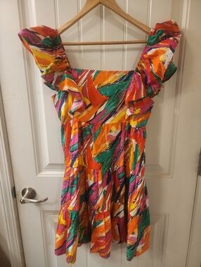 Flying Tomato Colorful Abstract Print Ruffle Sleeve Babydoll Dress Size L